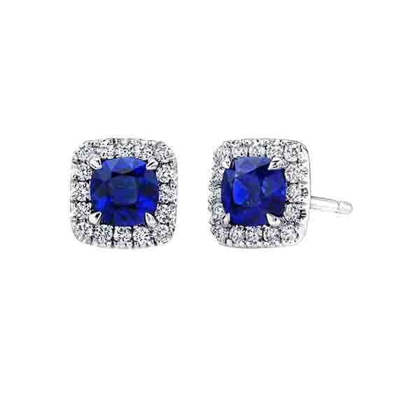 18K Cushion Blue Sapphire and Diamond Stud Earrings
